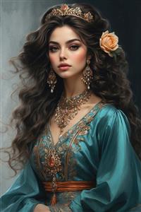 پوستر طرح نقاشی ملکه ایرانی با تاج و گل رز در موها برای دکوراسیون اتاق مستر، هتل‌های سنتی و کافه‌های هنری