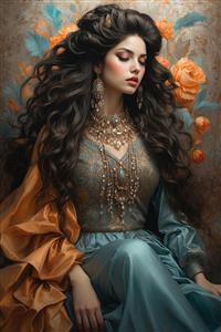 نقاشی رمانتیک دختر ایرانی با لباس فاخر و پس‌زمینه اسلیمی برای دیوار پشت تلویزیون و دکوراسیون داخلی کلاسیک