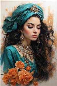 طرح گرافیکی بانوی ایرانی با توربان فیروزه‌ای و گل‌های نارنجی در پایین تصویر مناسب پوستر دیواری مزون و سالن‌های زیبایی لوکس