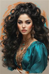 نقاشی چهره زن جذاب ایرانی با موهای پرپشت و جواهرات فیروزه‌ای برای چاپ روی قاب شاسی، ماگ و دفترچه‌های فانتزی