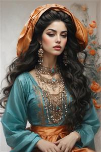 پوستر دیواری طرح نقاشی دختر ایرانی با گردنبندهای مروارید و سربند نارنجی ایده‌آل برای دکوراسیون آرایشگاه زنانه و مزون‌های لباس