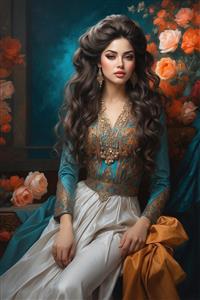 تصویر گرافیکی زن اصیل ایرانی با پوشش مجلل و آرایش غلیظ در میان گلستان برای پوستر دیواری سه بعدی لابی هتل و تالارهای پذیرایی