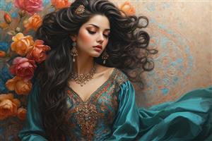 نقاشی هنری چهره دختر زیبای ایرانی با لباس سنتی فیروزه‌ای و گل‌های رز نارنجی مناسب چاپ پوستر دیواری اتاق خواب و تابلوهای دکوراتیو سالن پذیرایی