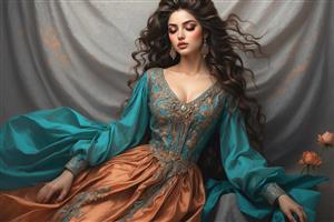 تصویر نقاشی دیجیتال زن ایرانی با لباس دو رنگ فیروزه‌ای و نارنجی در حال حرکت برای پوستر دیواری پویا