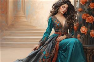 نقاشی هنری زن ایرانی کنار پله‌های عمارت قدیمی و گل‌های رز مناسب پوستر دیواری فضاهای سنتی و مدرن