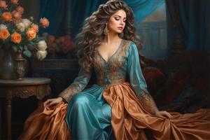 طرح نقاشی زن ایرانی با لباس مجلل در دکوراسیون کلاسیک شرقی برای پوستر دیواری قصری و لوکس
