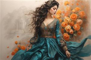 نقاشی دیجیتال فیگور زن ایرانی با لباس بلند در فضایی رویایی و محو مناسب پوستر دیواری تالار و پذیرایی