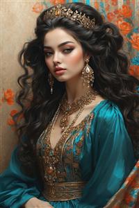 نقاشی لوکس چهره زن ایرانی با تاج جواهرنشان و لباس سنتی فیروزه‌ای مناسب سالن‌های زیبایی و مزون‌ها