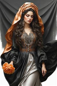 نقاشی دیجیتال زن زیبای ایرانی با لباس مجلل مشکی و شال نارنجی در حال حمل گل رز برای پوستر دیواری لوکس