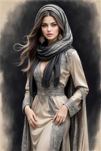 طرح نقاشی دیجیتال زن شیک‌پوش با استایل شرقی و ایرانی مناسب پوستر دیواری تالارهای پذیرایی و ویلا