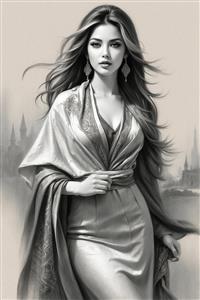 طرح سیاه قلم فیگور زن ایرانی با پس‌زمینه عمارت قدیمی برای پوستر دیواری پشت میز پذیرش و فضاهای اداری خاص