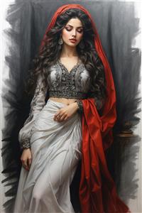 طرح نقاشی دیجیتال زن شرقی با شال قرمز و لباس محلی ایرانی ویژه پوستر دیواری سه بعدی پذیرایی و سالن‌های مجلل