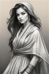 نقاشی سیاه قلم چهره زن زیبای ایرانی با لباس سنتی مناسب برای پوستر دیواری اتاق خواب و قاب دکوراتیو لوکس