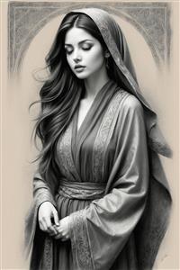 تصویر گرافیکی سیاه و سفید بانو در قاب طاق سنتی ایرانی ایده پوستر دیواری هتل و اماکن فرهنگی