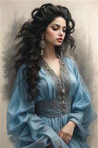 طرح هنری رنگی بانو با لباس آبی آسمانی و موهای پرپشت ایده جذاب برای تابلو دکوراتیو اتاق پذیرایی