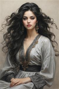 پوستر دیواری چهره زیبای زن ایرانی با لباس سنتی خاکستری و جواهرات فاخر سبک نقاشی مدرن