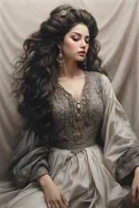 نقاشی دیجیتال رنگی دختر اصیل ایرانی با جواهرات و موهای مجعد برای تابلوهای لوکس و کاغذ دیواری سه بعدی