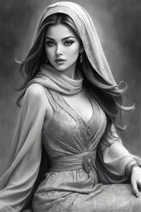 تصویر هنری سیاه قلم زن شیک ایرانی با لباس مجلل و نگاه نافذ ویژه چاپ روی بوم و دکوراسیون مدرن