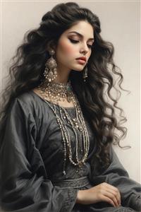 نقاشی دیجیتال چهره دختر ایرانی با انبوه جواهرات و موهای موج‌دار ویژه پوستر دیواری آرایشگاه و سالن لوکس