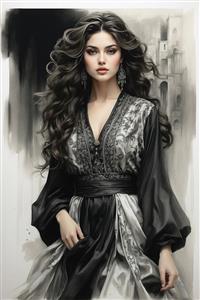 تابلو دکوراتیو نقاشی زن ایرانی با موهای فر و لباس تیره مجلل کنتراست بالا برای دیوارهای مدرن و اتاق مدیریت