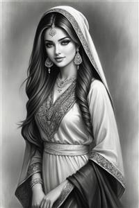 طرح کلاسیک سیاه قلم بانو با پوشش اصیل و نگاه ملایم برای پوستر دیواری اتاق نشیمن و سالن‌های زیبایی