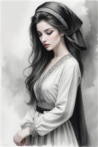 تصویر هنری سیاه و سفید دختر در حال تفکر با لباس محلی ایران ویژه چاپ روی بوم و کاغذ دیواری سه بعدی