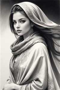 طرح سیاه قلم چهره دختر زیبای ایرانی با شال و پوشش سنتی ایده تابلو دکوراتیو اتاق خواب و کافه‌های سنتی