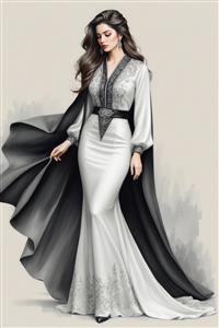 نقاشی دیجیتال زن اصیل ایرانی با لباس مجلل سفید و مشکی مناسب پوستر دیواری سالن پذیرایی و مزون‌های لوکس