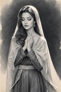 طراحی سیاه قلم زن ایرانی در حالت نیایش و آرامش؛ مناسب برای فضاهای آرام‌بخش، یوگا و دکوراسیون اتاق خواب دخترانه