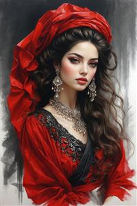 نقاشی رنگی خیره‌کننده از زن ایرانی با پوشش قرمز و جواهرات نقره؛ پوستر دیواری مجلل برای تالارهای پذیرایی و هتل‌ها