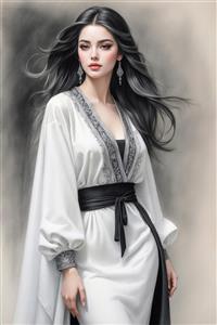 نقاشی دیجیتال زن ایرانی با لباس سفید و کمربند مشکی؛ طرح هنری عمودی برای چاپ روی تخته شاسی و دکوراسیون فضاهای مدرن