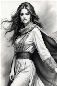 طراحی سیاه قلم فیگور زن ایرانی با شال بلند در باد؛ پوستر دیواری مدرن و مینیمال برای راهروهای عریض و مزون‌های لباس