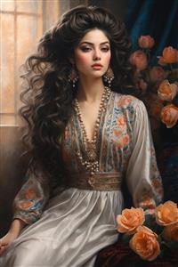 نقاشی هنری بانو ایرانی کنار گل‌های رز در نور ملایم پنجره؛ ایده آل برای کاغذ دیواری سفارشی و تابلو بوم اتاق خواب مستر