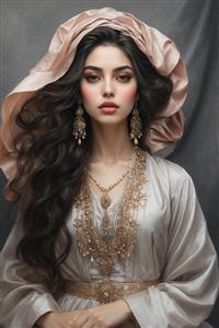 طرح رنگی نقاشی دختر ایرانی با لباس کرم و جواهرات مجلل طلا؛ مناسب چاپ پوستر دیواری سه بعدی اتاق خواب و سالن پذیرایی