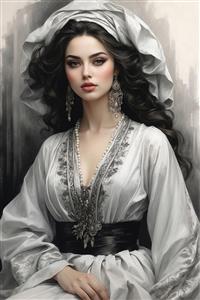 نقاشی سیاه قلم چهره زن ایرانی با تور سر سفید و گردنبند مروارید؛ طرح عمودی برای پوستر دیواری کلاسیک و تابلوهای هنری لابی