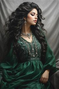 نقاشی با ظرافت از پروفایل نیم‌رخ زن ایرانی در لباس سبز فاخر مناسب چاپ روی ماگ، دفترچه و تابلوهای کوچک دکوراتیو