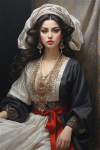 پوستر لوکس چهره زن ایرانی با گردنبند مروارید و کلاه سنتی مناسب دیوارهای پذیرایی، دفتر کار و فضاهای اداری مدرن