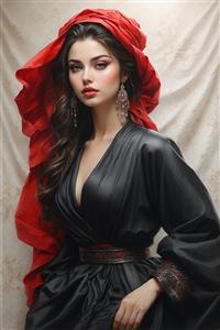 تصویر زن جذاب ایرانی با سربند قرمز و لباس مشکی ساتن ایده آل برای پوستر دیواری آرایشگاه زنانه، آتلیه‌های عکاسی و مزون‌های لباس