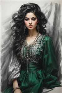 طرح نقاشی رنگی چهره دختر ایرانی با لباس سبز زمردی و جواهرات براق مناسب قاب عکس دکوراتیو و پوستر پشت تخت خواب در اتاق مستر