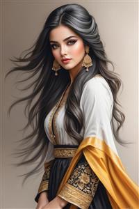 طرح عمودی نقاشی زن ایرانی با لباس مجلل زرد و مشکی ویژه چاپ پوستر دیواری سه بعدی و تابلو دکوراتیو لابی هتل و تالار پذیرایی