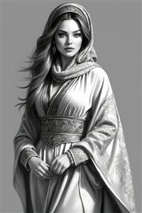 طرح نقاشی هنری مونوکروم زن ایرانی با لباس فاخر و کمربند پهن سنتی، مناسب برای چاپ بر روی کوسن، پرده و پارچه‌های دکوراتیو