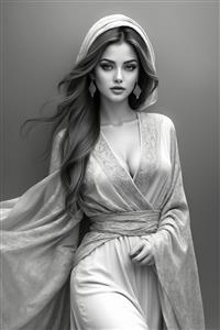 تصویر سیاه قلم لوکس از زن ایرانی با موهای پریشان و لباس مجلسی، مناسب برای تابلوی دکوراتیو پذیرایی و دکورهای سبک مدرن