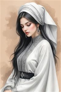 نقاشی دیجیتال پرتره دختر ایرانی با چشمان بسته و لباس سفید ملیح، انتخابی عالی برای پوستر دیواری اتاق خواب و کلینیک‌های زیبایی