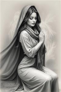 طرح هنری سیاه قلم دختر ایرانی در حال راز و نیاز با استایل کلاسیک، ایده‌آل برای تابلوهای معنوی و آرامش‌بخش در فضاهای خاص