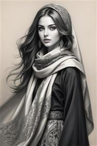 نقاشی سیاه قلم هنری از چهره زن زیبای ایرانی با سربند سنتی، مناسب برای تابلوی دکوراتیو مدرن و کلاسیک و چاپ روی محصولات سنگی