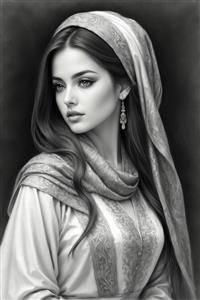 نقاشی سیاه قلم و مونوکروم چهره دختر پارسی با پوشش سنتی، بسیار شیک برای تابلوهای دکوراتیو مدرن و کلاسیک و چاپ روی لیوان و ماگ