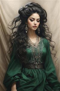 طرح نقاشی زن با لباس سبز زمردی و گردنبندهای چندرده، انتخابی بی‌نظیر برای پوستر دیواری پذیرایی و تابلوی دکوراتیو اتاق مهمان