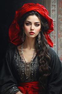 نقاشی دیجیتال زن جذاب ایرانی با کلاه لبه‌دار قرمز و جواهرات اصیل، مناسب برای پوستر دیواری کافی‌شاپ‌ها و گالری‌های هنری مدرن