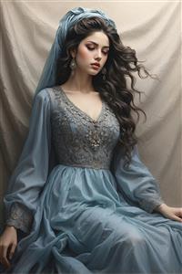 تصویر هنری نقاشی دختر ایرانی با سربند سنتی و لباس آبی کمرنگ، مناسب برای دکوراسیون اتاق خواب دخترانه و چاپ روی فرش و تابلو فرش