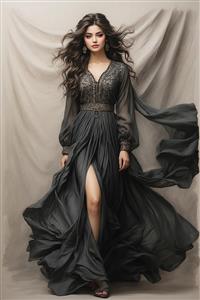 پوستر دیواری سه بعدی طرح نقاشی زن ایرانی با لباس مشکی بلند و چاک‌دار، ایده‌آل برای دیوارهای بزرگ سالن پذیرایی و اتاق‌های نشیمن لوکس